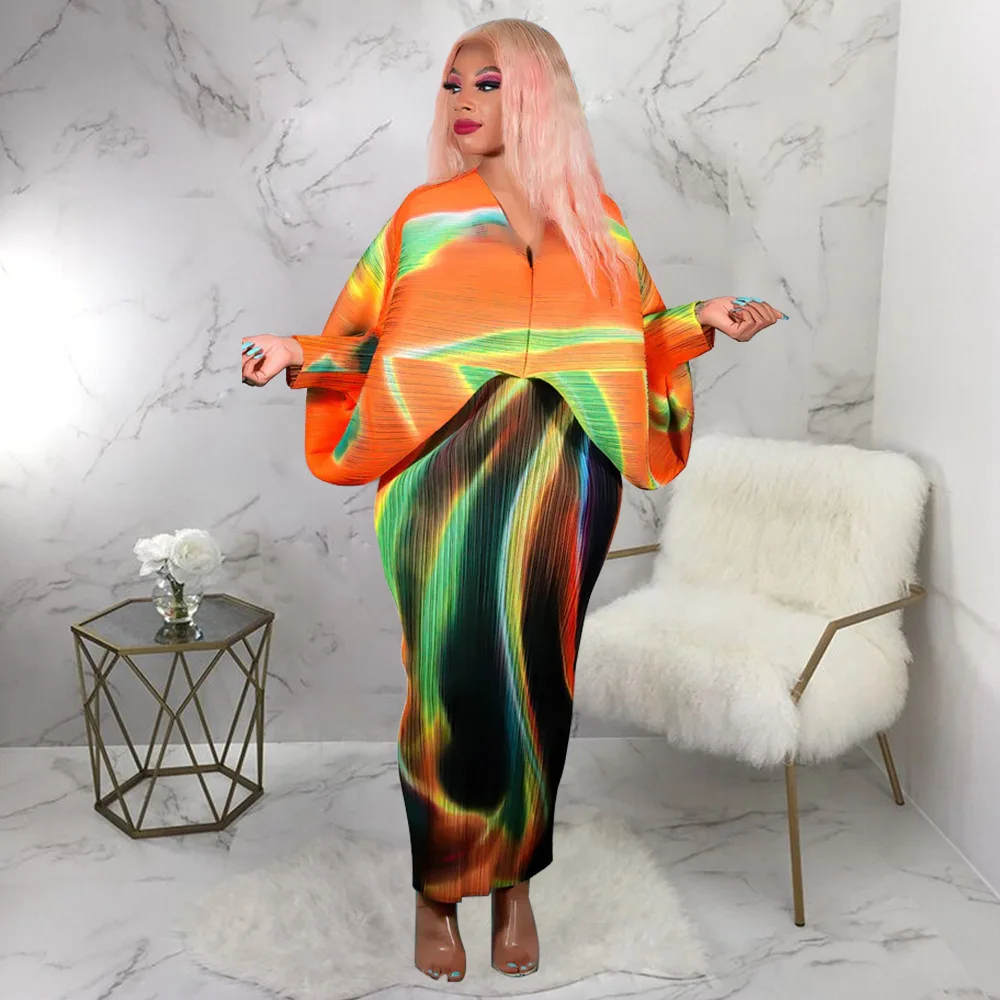 CM.YAYA Elegant Women Pleated Batwing Long Sleeve V-neck Slim Maxi Long Dress INS Fashion Autumn Winter Ruched Dresses Vestidos