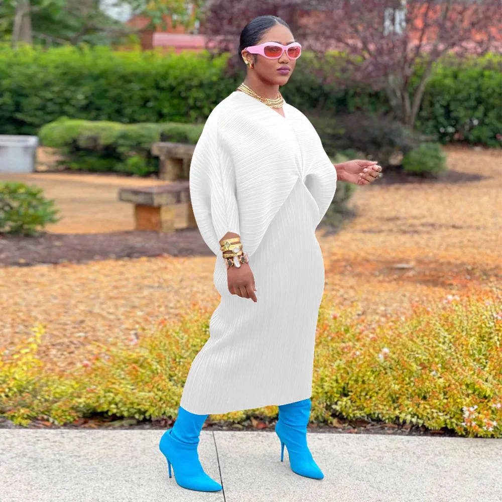 CM.YAYA Elegant Women Pleated Batwing Long Sleeve V-neck Slim Maxi Long Dress INS Fashion Autumn Winter Ruched Dresses Vestidos