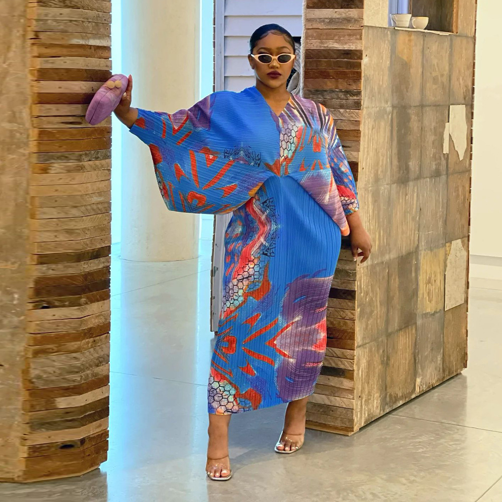 CM.YAYA Elegant Women Pleated Batwing Long Sleeve V-neck Slim Maxi Long Dress INS Fashion Autumn Winter Ruched Dresses Vestidos