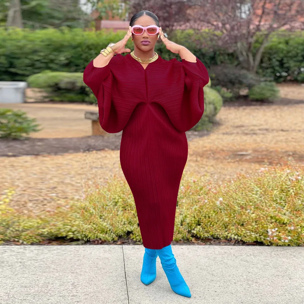 CM.YAYA Elegant Women Pleated Batwing Long Sleeve V-neck Slim Maxi Long Dress INS Fashion Autumn Winter Ruched Dresses Vestidos