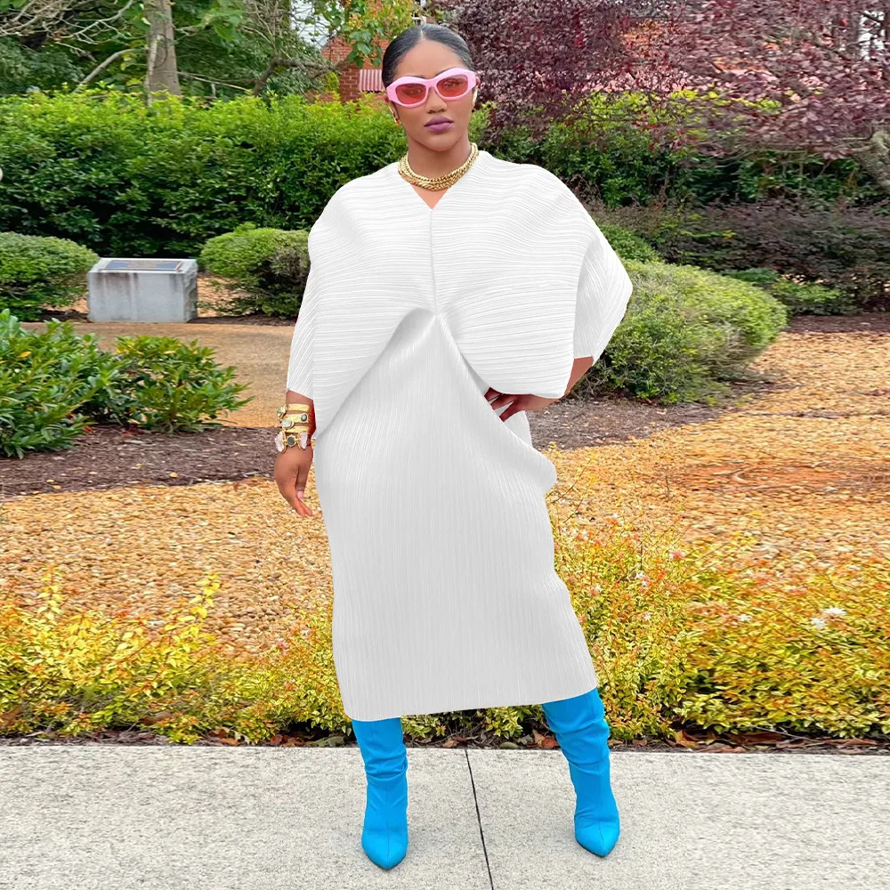 CM.YAYA Elegant Women Pleated Batwing Long Sleeve V-neck Slim Maxi Long Dress INS Fashion Autumn Winter Ruched Dresses Vestidos