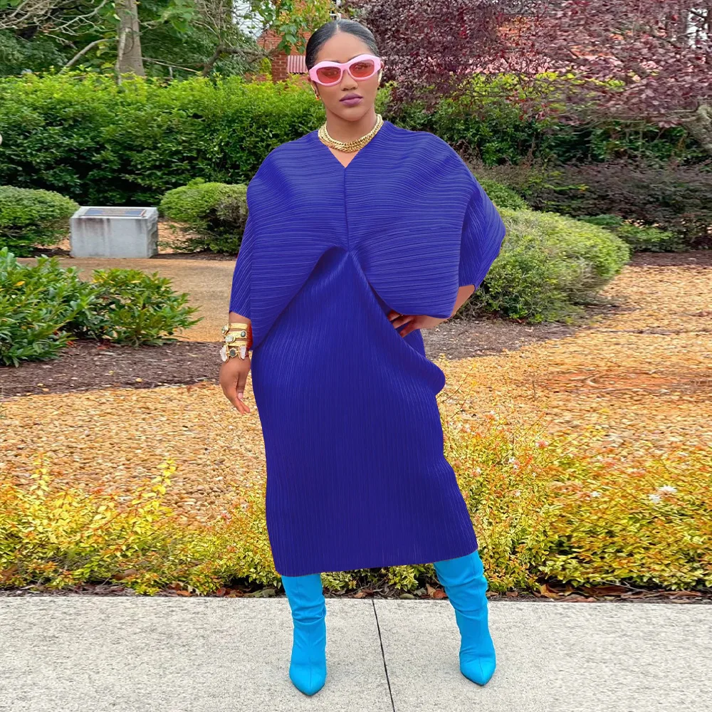 CM.YAYA Elegant Women Pleated Batwing Long Sleeve V-neck Slim Maxi Long Dress INS Fashion Autumn Winter Ruched Dresses Vestidos