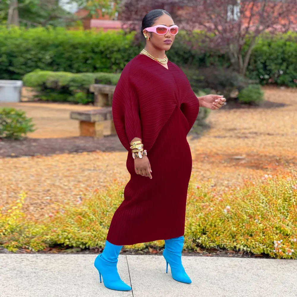 CM.YAYA Elegant Women Pleated Batwing Long Sleeve V-neck Slim Maxi Long Dress INS Fashion Autumn Winter Ruched Dresses Vestidos