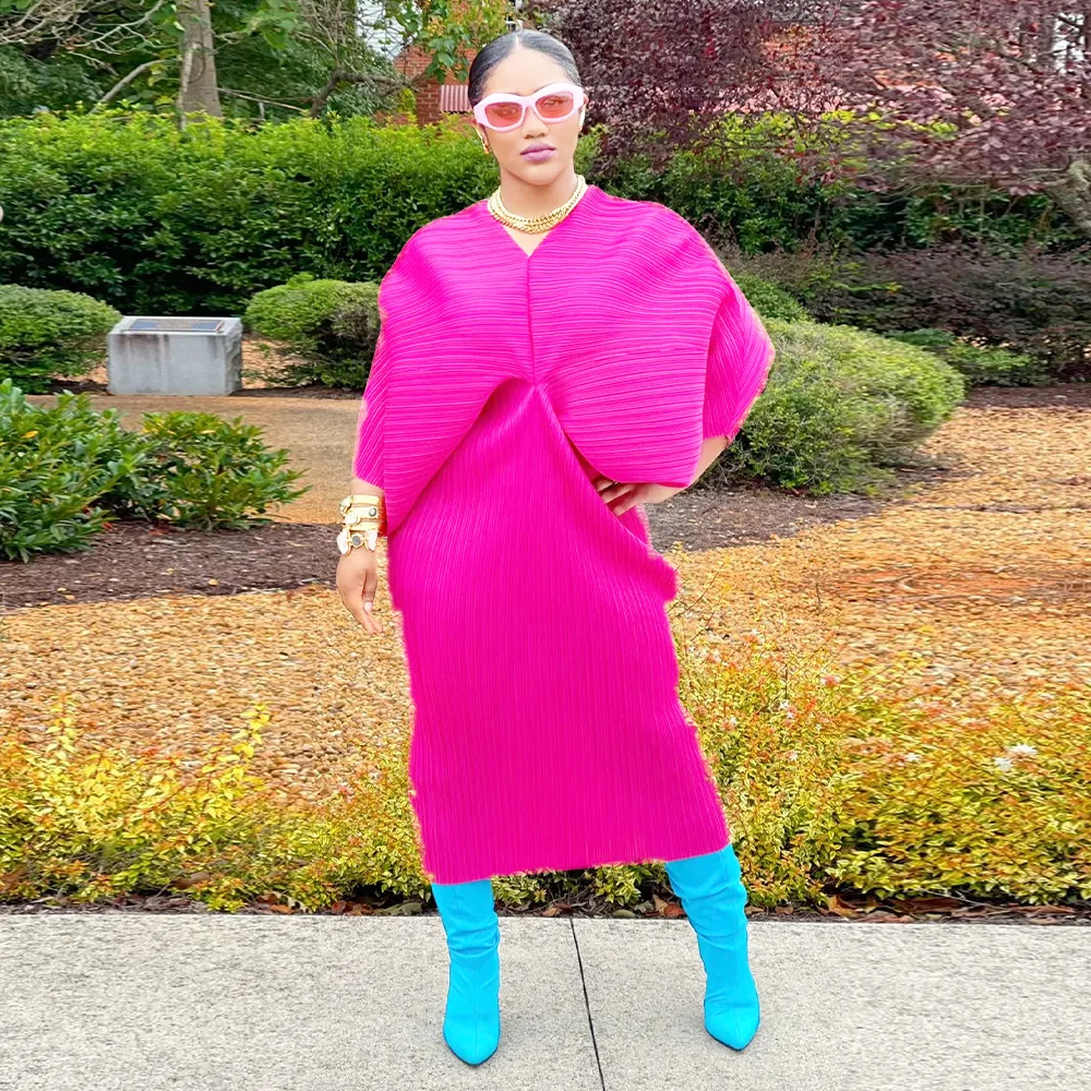 CM.YAYA Elegant Women Pleated Batwing Long Sleeve V-neck Slim Maxi Long Dress INS Fashion Autumn Winter Ruched Dresses Vestidos