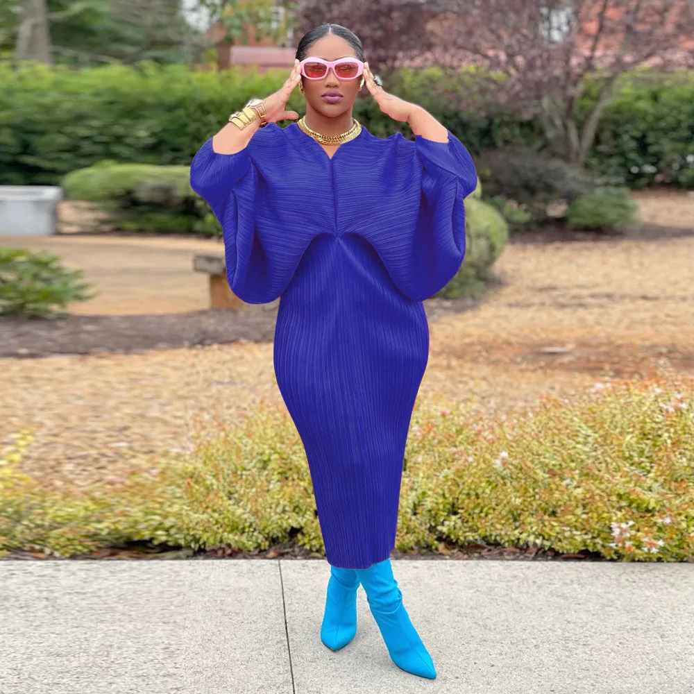 CM.YAYA Elegant Women Pleated Batwing Long Sleeve V-neck Slim Maxi Long Dress INS Fashion Autumn Winter Ruched Dresses Vestidos