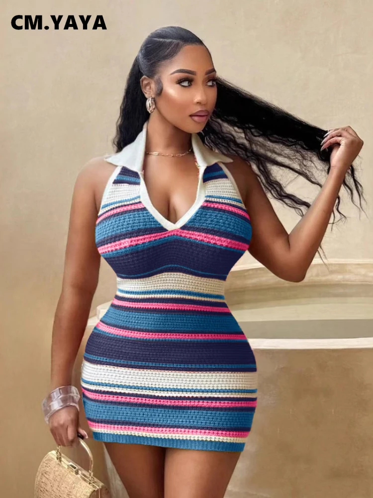CM.YAYA Women Sleeveless Striped Knit V-neck Tank Bodycon Mini Dress 2025 Summer Beach Vacation Birthday Sexy Party Dresses