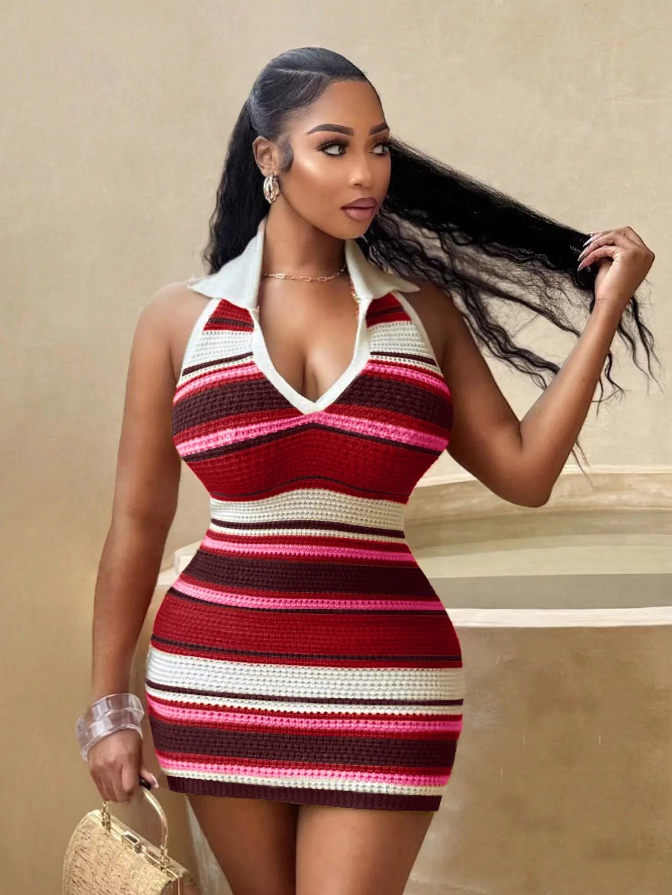 CM.YAYA Women Sleeveless Striped Knit V-neck Tank Bodycon Mini Dress 2025 Summer Beach Vacation Birthday Sexy Party Dresses