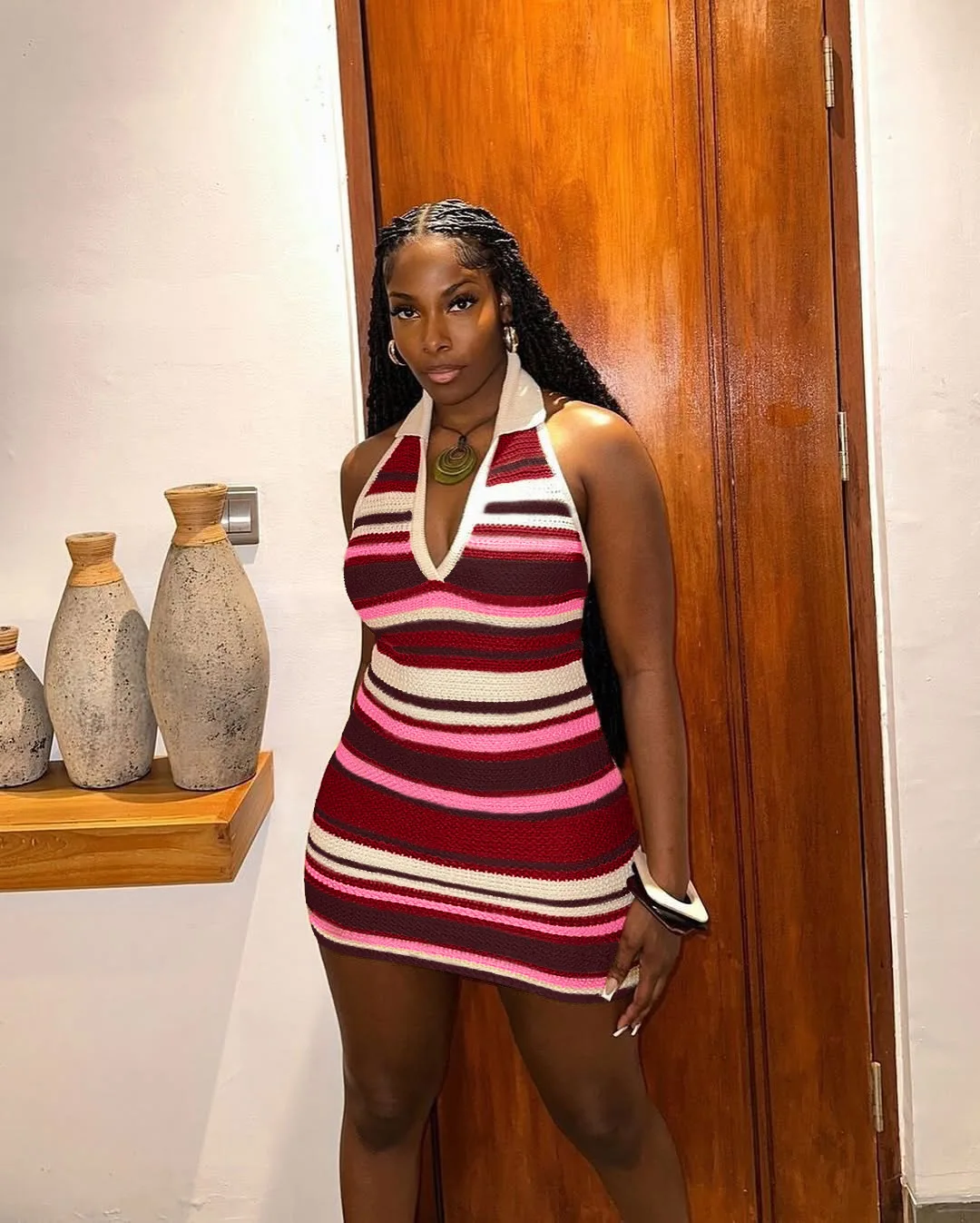 CM.YAYA Women Sleeveless Striped Knit V-neck Tank Bodycon Mini Dress 2025 Summer Beach Vacation Birthday Sexy Party Dresses