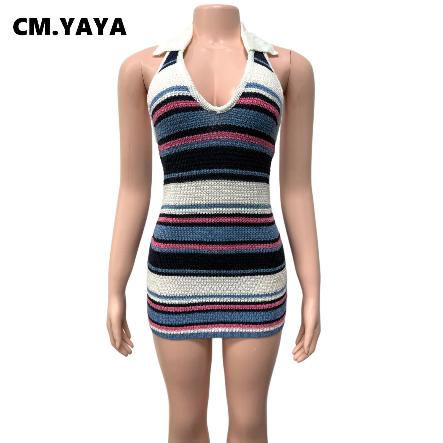 CM.YAYA Women Sleeveless Striped Knit V-neck Tank Bodycon Mini Dress 2025 Summer Beach Vacation Birthday Sexy Party Dresses