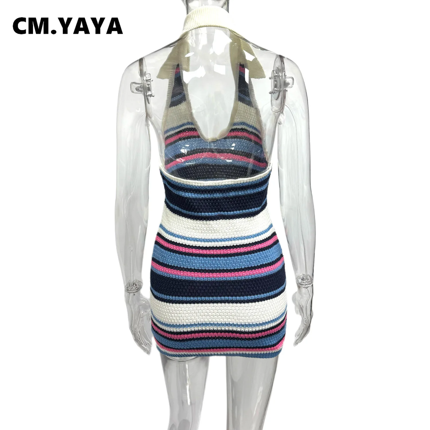 CM.YAYA Women Sleeveless Striped Knit V-neck Tank Bodycon Mini Dress 2025 Summer Beach Vacation Birthday Sexy Party Dresses
