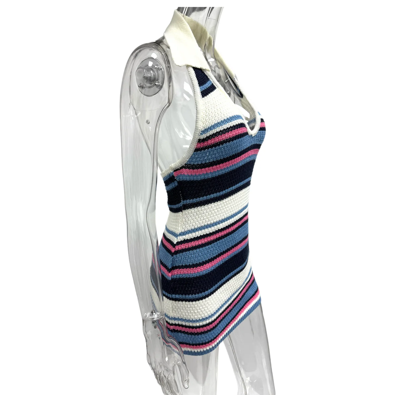 CM.YAYA Women Sleeveless Striped Knit V-neck Tank Bodycon Mini Dress 2025 Summer Beach Vacation Birthday Sexy Party Dresses