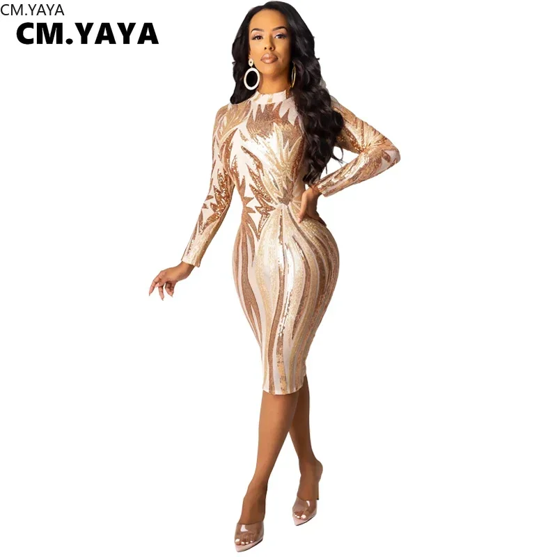 CM.YAYA Women Fall Winter Long Sleeve O Neck Bodycon Sequined Sexy Fashion Night Club Party Bandage Midi Dresses Vestidos CY8201 CM.YAYA Women Fall Winter Long Sleeve O Neck Bodycon Sequined Sexy Fashion Night Club Party Bandage Midi Dresses Vestidos CY8201