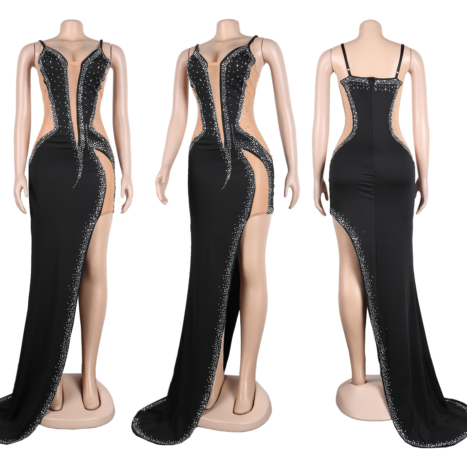 CM.YAYA Evening Dresses  Women Diamonds Hot Drill Spaghetti Strap Mesh Patchwork High Low Asymmetrical Maxi Sexy Prom Dress