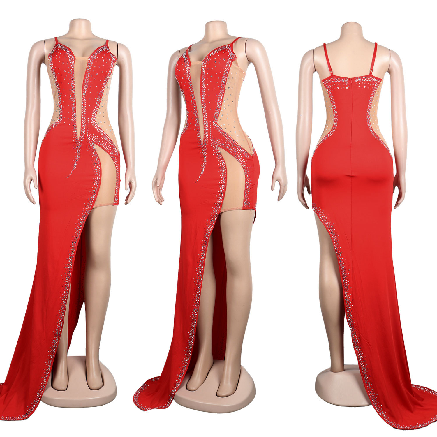 CM.YAYA Evening Dresses  Women Diamonds Hot Drill Spaghetti Strap Mesh Patchwork High Low Asymmetrical Maxi Sexy Prom Dress