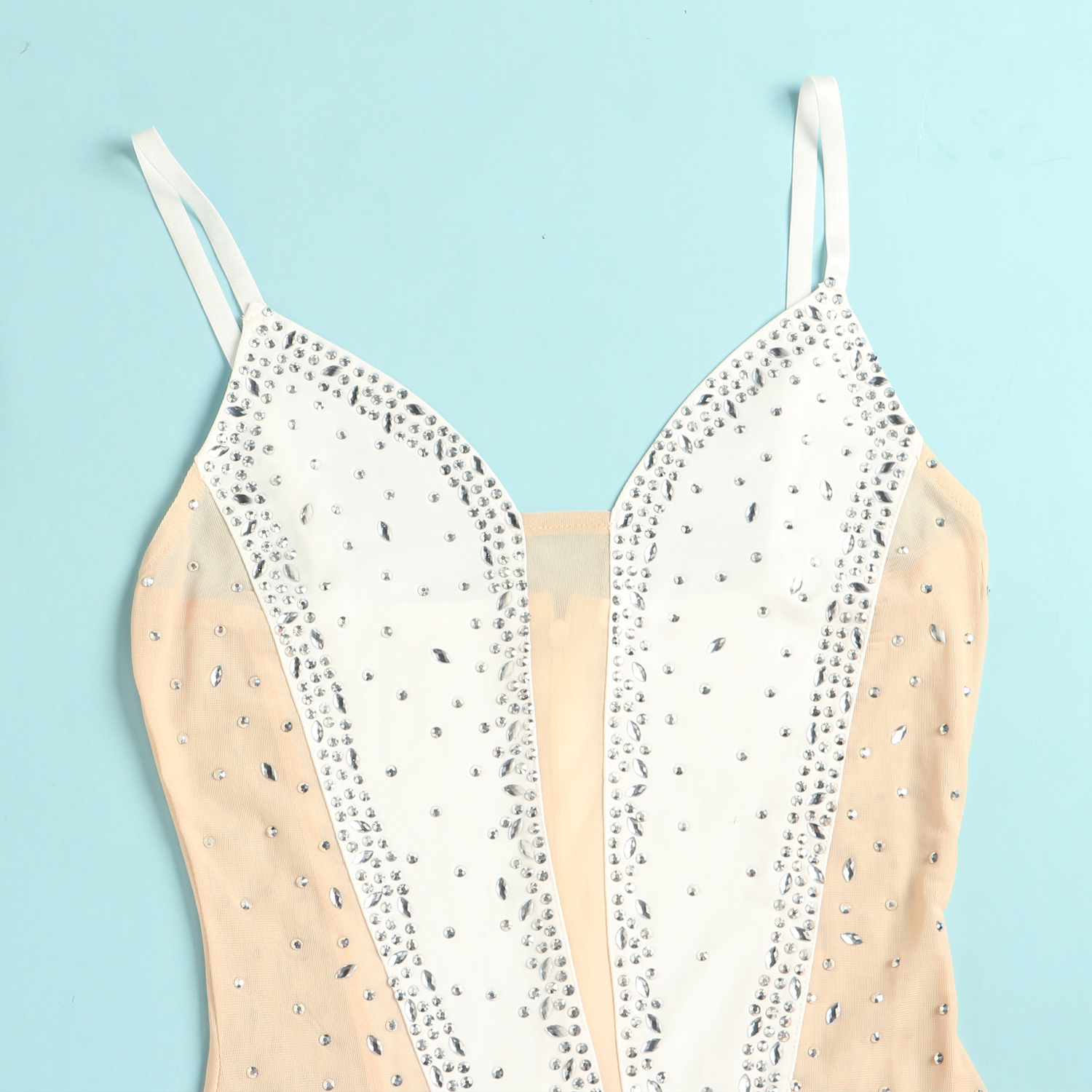 CM.YAYA Evening Dresses  Women Diamonds Hot Drill Spaghetti Strap Mesh Patchwork High Low Asymmetrical Maxi Sexy Prom Dress