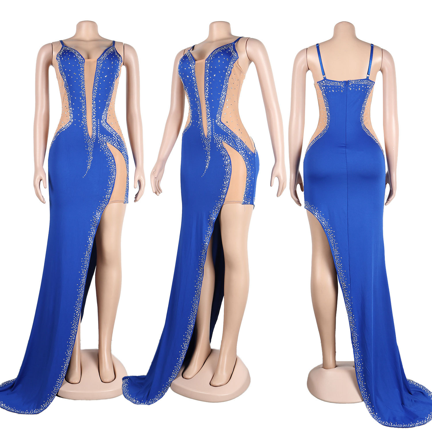 CM.YAYA Evening Dresses  Women Diamonds Hot Drill Spaghetti Strap Mesh Patchwork High Low Asymmetrical Maxi Sexy Prom Dress