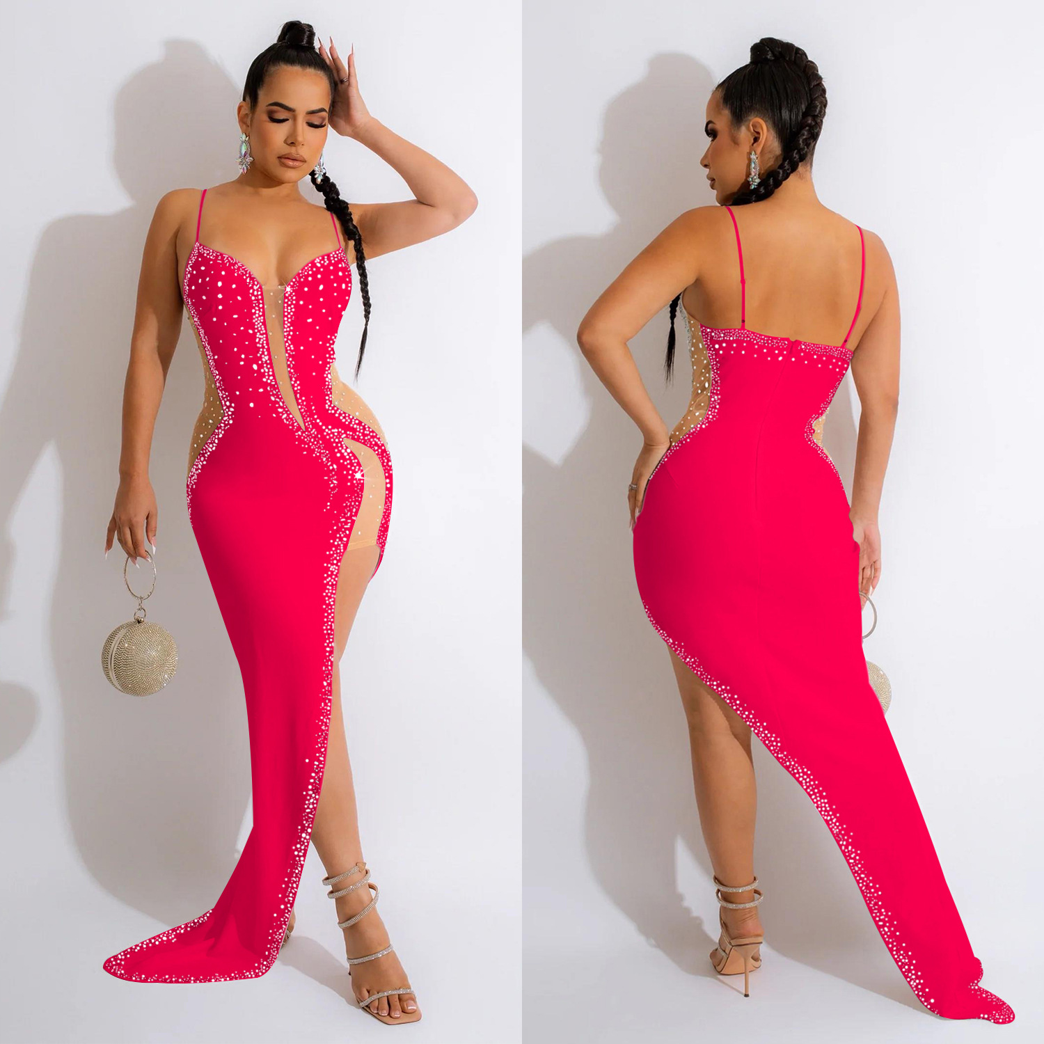 CM.YAYA Evening Dresses  Women Diamonds Hot Drill Spaghetti Strap Mesh Patchwork High Low Asymmetrical Maxi Sexy Prom Dress