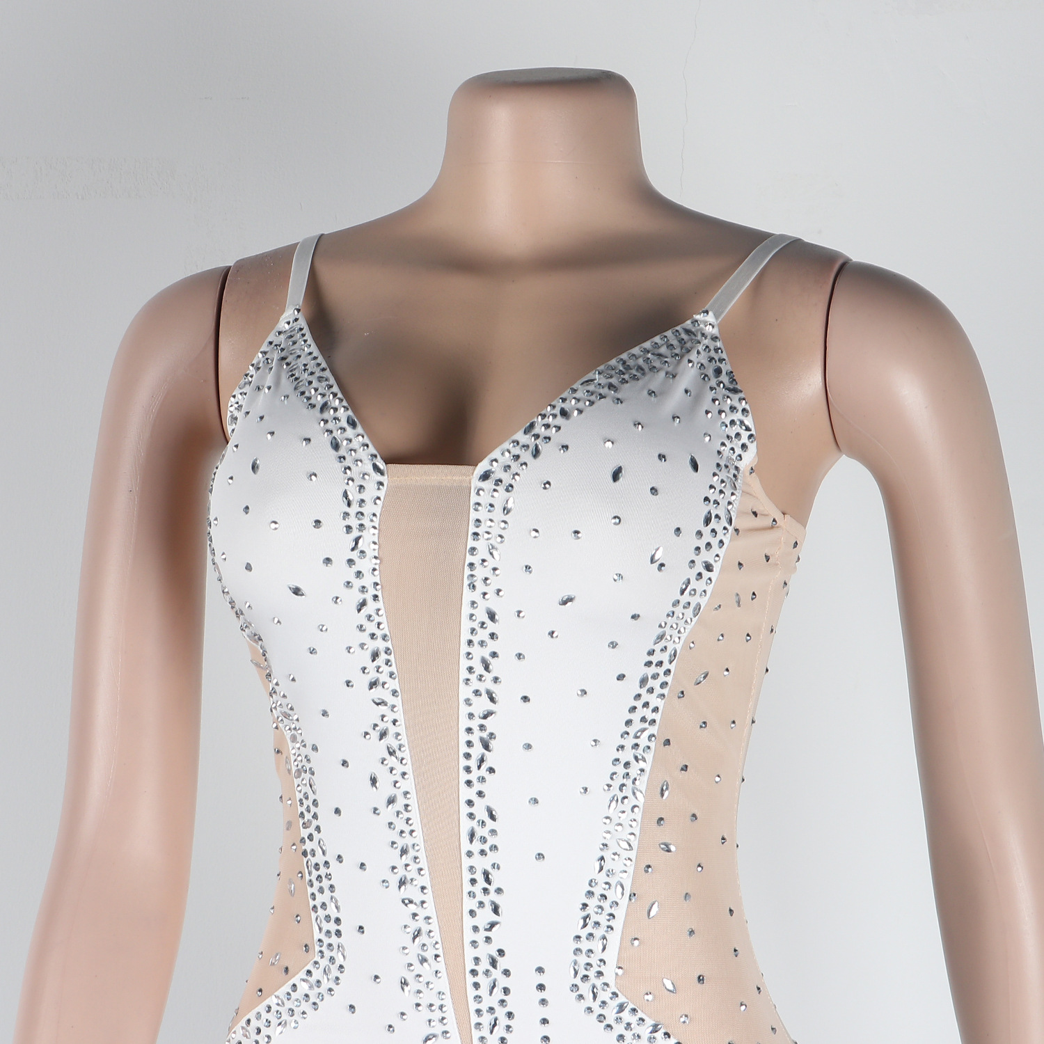 CM.YAYA Evening Dresses  Women Diamonds Hot Drill Spaghetti Strap Mesh Patchwork High Low Asymmetrical Maxi Sexy Prom Dress