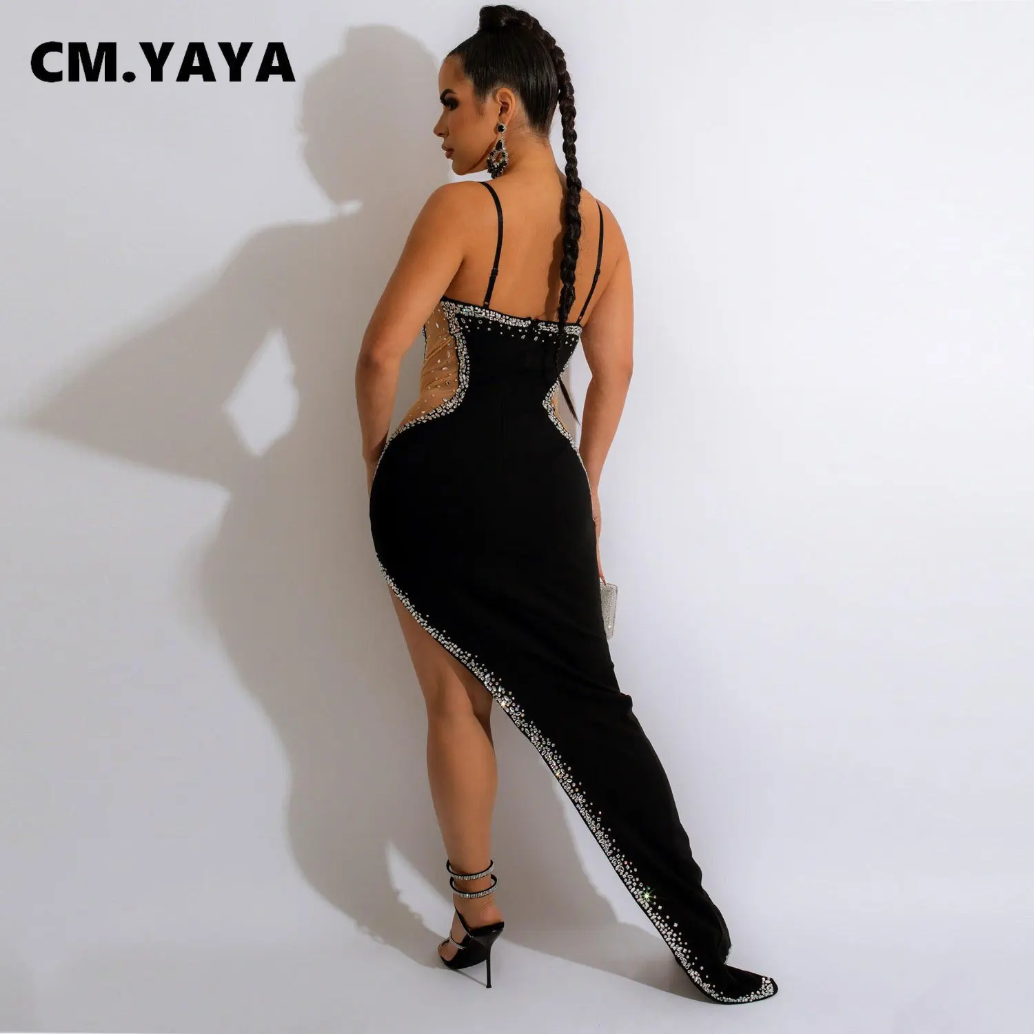 CM.YAYA Evening Dresses  Women Diamonds Hot Drill Spaghetti Strap Mesh Patchwork High Low Asymmetrical Maxi Sexy Prom Dress