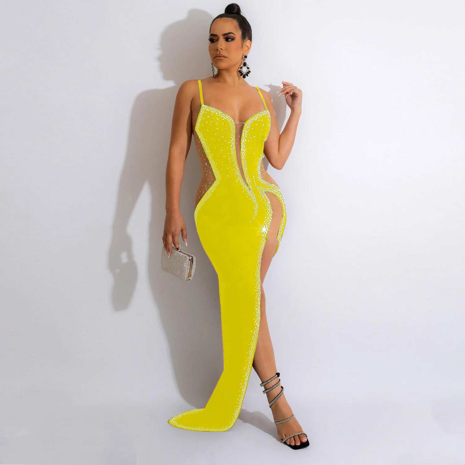 CM.YAYA Evening Dresses  Women Diamonds Hot Drill Spaghetti Strap Mesh Patchwork High Low Asymmetrical Maxi Sexy Prom Dress