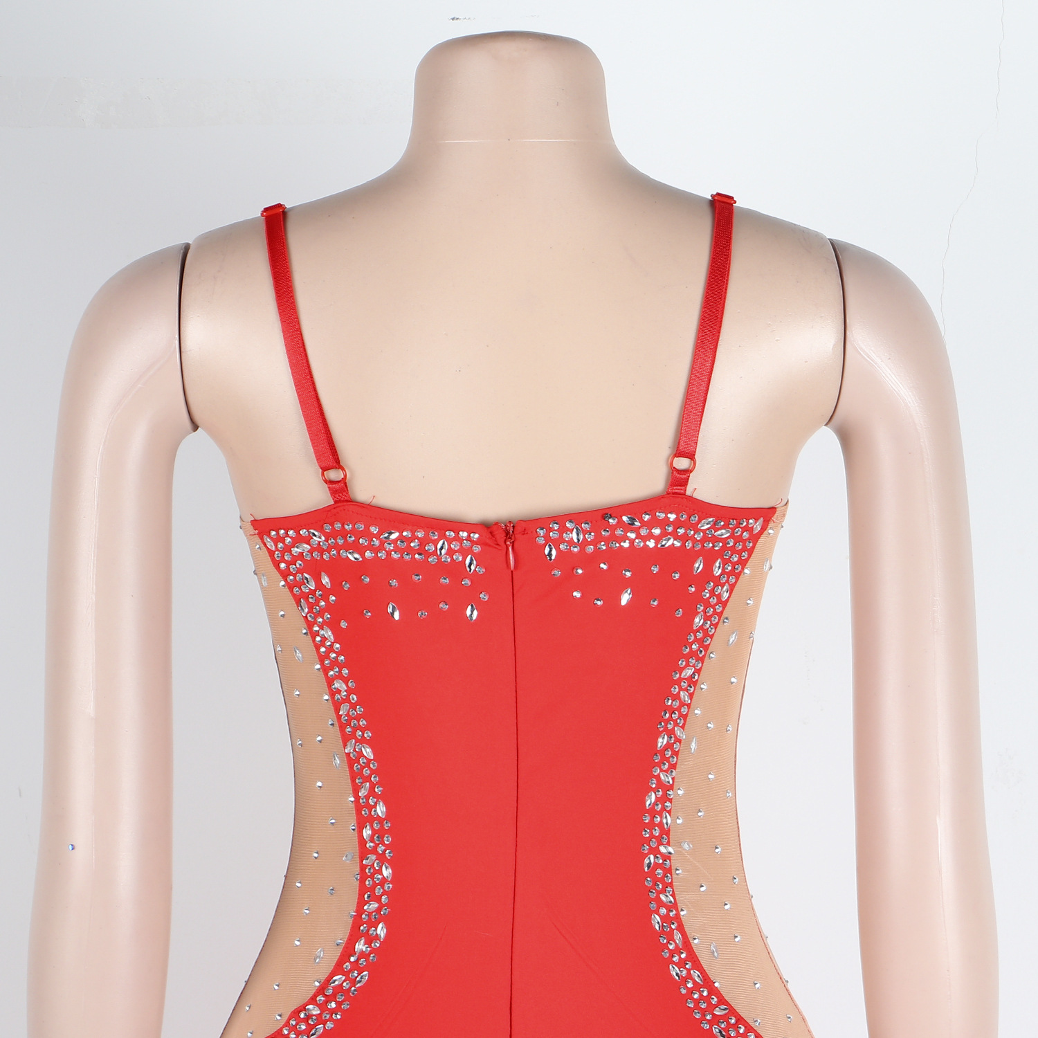 CM.YAYA Evening Dresses  Women Diamonds Hot Drill Spaghetti Strap Mesh Patchwork High Low Asymmetrical Maxi Sexy Prom Dress