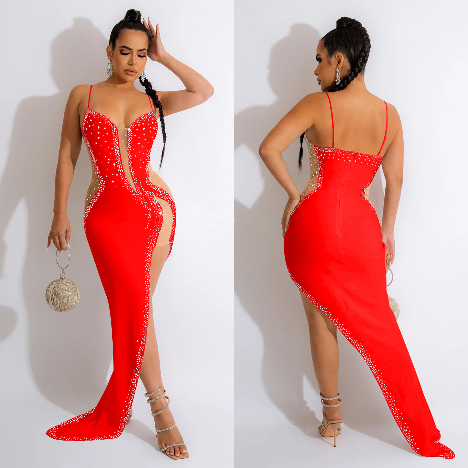 CM.YAYA Evening Dresses  Women Diamonds Hot Drill Spaghetti Strap Mesh Patchwork High Low Asymmetrical Maxi Sexy Prom Dress