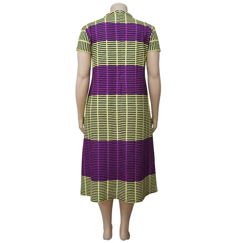 C.M YAYA Plus Size Loose Women Dresses Double Color Patchwork Mid-calf Length O-neck Short Sleeve Casual Straight Dress 2021