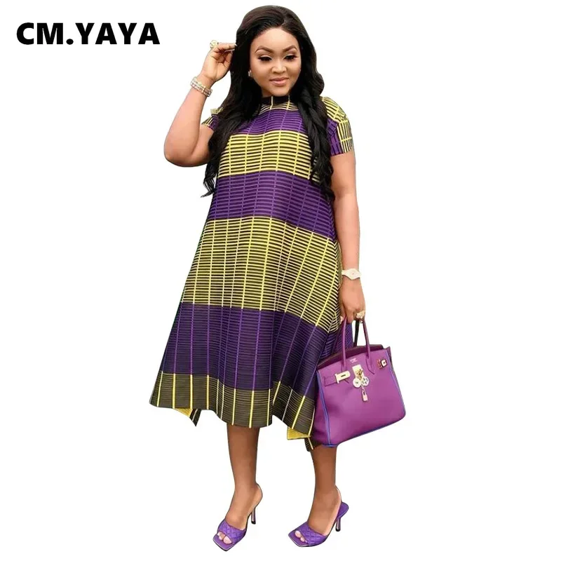 C.M YAYA Plus Size Loose Women Dresses Double Color Patchwork Mid-calf Length O-neck Short Sleeve Casual Straight Dress 2021
