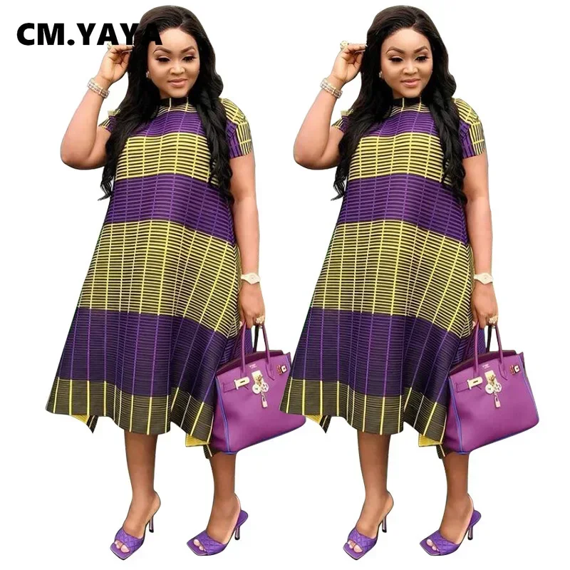 C.M YAYA Plus Size Loose Women Dresses Double Color Patchwork Mid-calf Length O-neck Short Sleeve Casual Straight Dress 2021