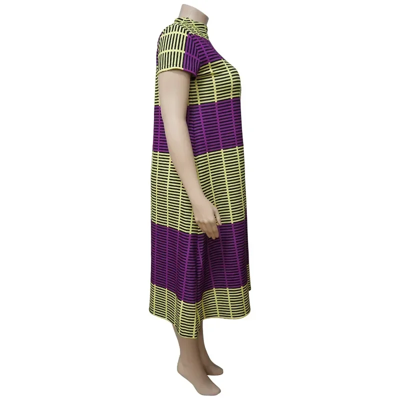 C.M YAYA Plus Size Loose Women Dresses Double Color Patchwork Mid-calf Length O-neck Short Sleeve Casual Straight Dress 2021