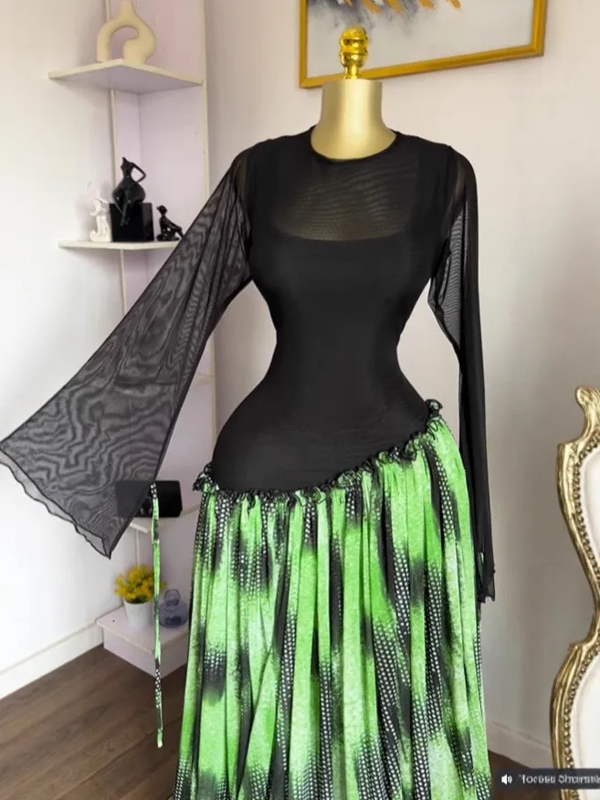 GLCMYAYA Women Print Full Sleeve O-neck Elegant Mesh Long Maxi Dress Fall Birthday Holiday Evening Sexy Party Dresses Vestidos