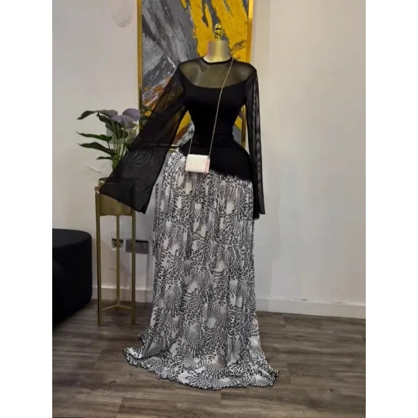 GLCMYAYA Women Print Full Sleeve O-neck Elegant Mesh Long Maxi Dress Fall Birthday Holiday Evening Sexy Party Dresses Vestidos