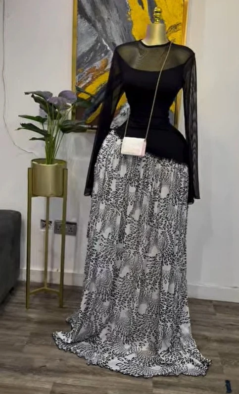 GLCMYAYA Women Print Full Sleeve O-neck Elegant Mesh Long Maxi Dress Fall Birthday Holiday Evening Sexy Party Dresses Vestidos