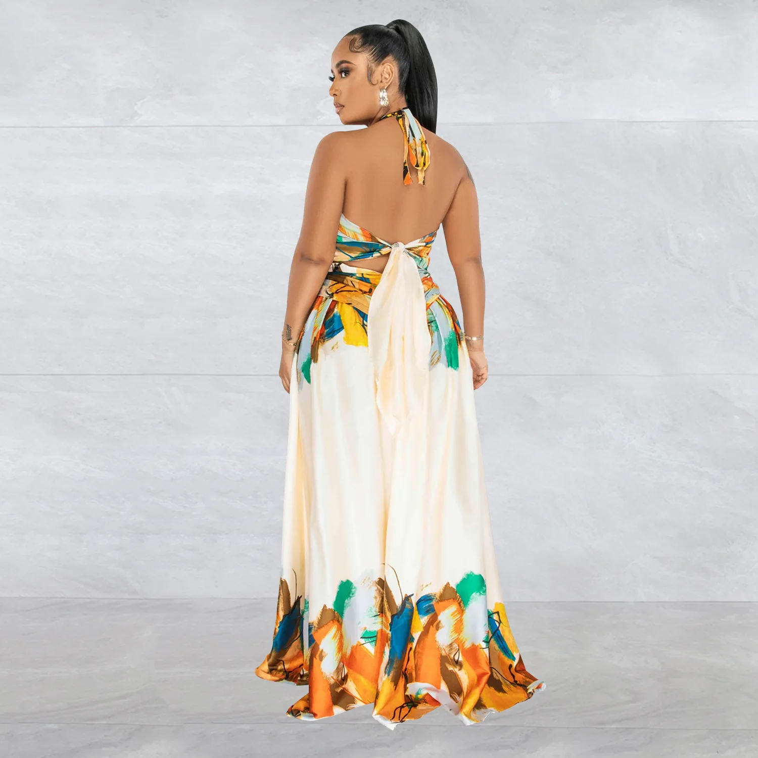 CM.YAYA Women Painting 3d Printed Halter Neck High Slit Lace Up Beach Holiday Maxi Long Dress 2023 Evening Party Dresses Vestido