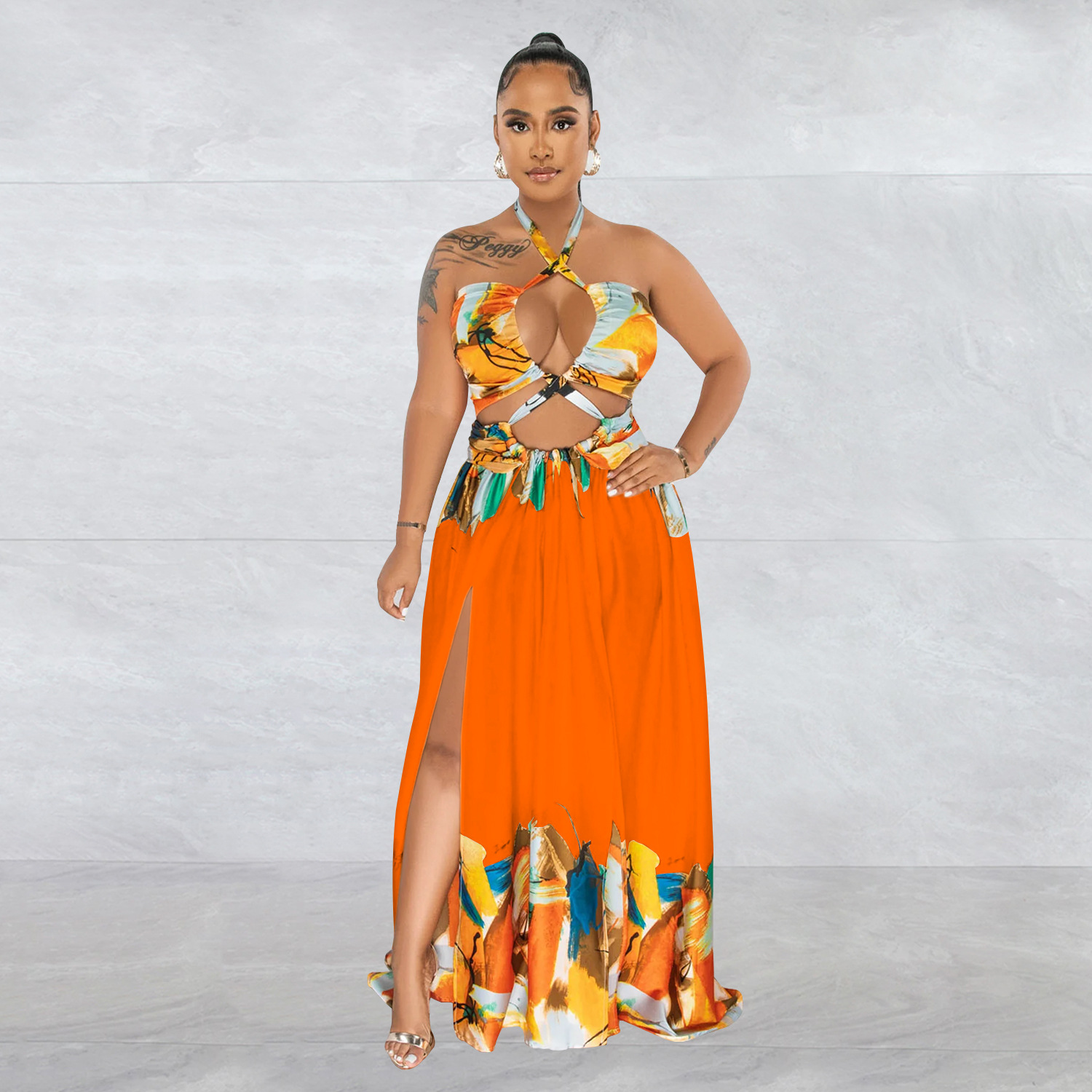 CM.YAYA Women Painting 3d Printed Halter Neck High Slit Lace Up Beach Holiday Maxi Long Dress 2023 Evening Party Dresses Vestido