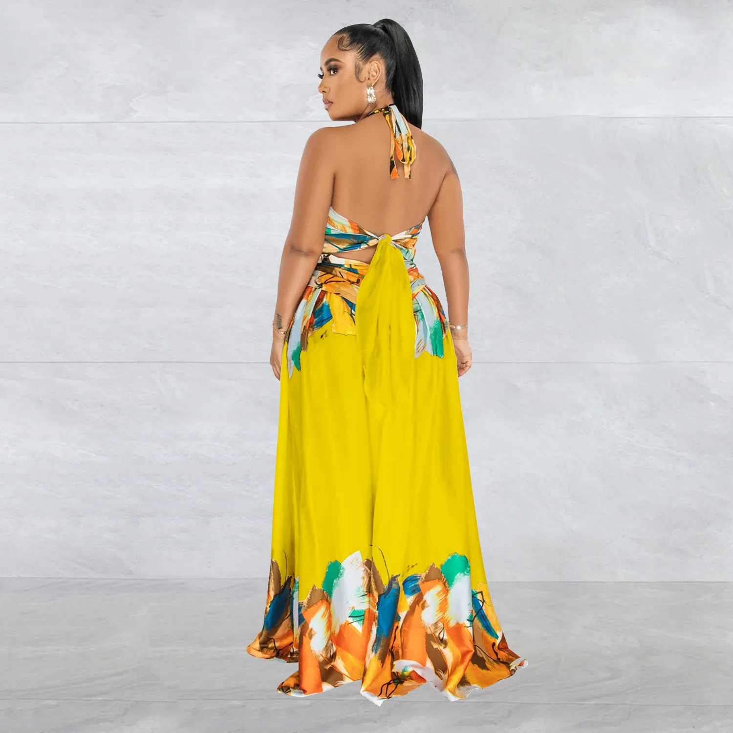 CM.YAYA Women Painting 3d Printed Halter Neck High Slit Lace Up Beach Holiday Maxi Long Dress 2023 Evening Party Dresses Vestido