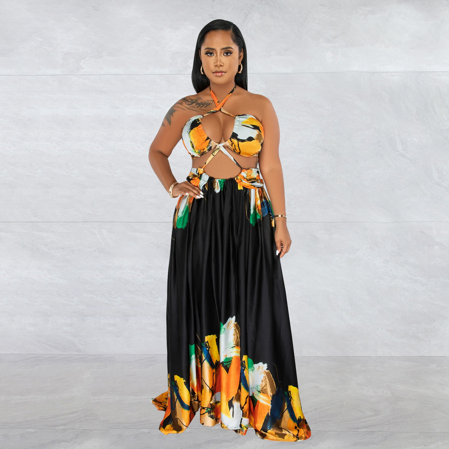 CM.YAYA Women Painting 3d Printed Halter Neck High Slit Lace Up Beach Holiday Maxi Long Dress 2023 Evening Party Dresses Vestido