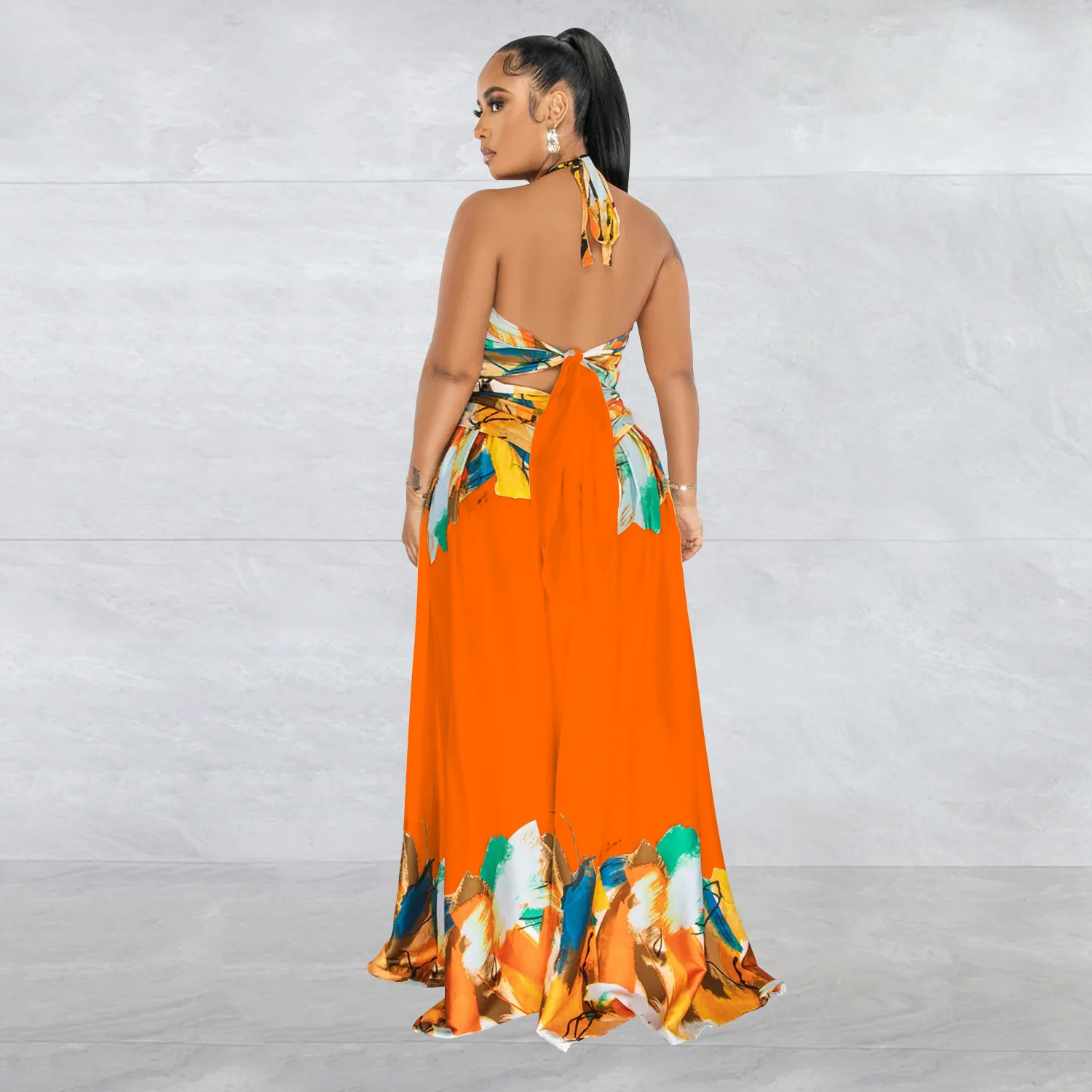 CM.YAYA Women Painting 3d Printed Halter Neck High Slit Lace Up Beach Holiday Maxi Long Dress 2023 Evening Party Dresses Vestido