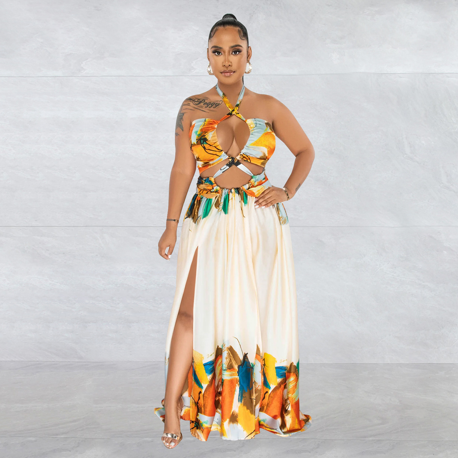 CM.YAYA Women Painting 3d Printed Halter Neck High Slit Lace Up Beach Holiday Maxi Long Dress 2023 Evening Party Dresses Vestido