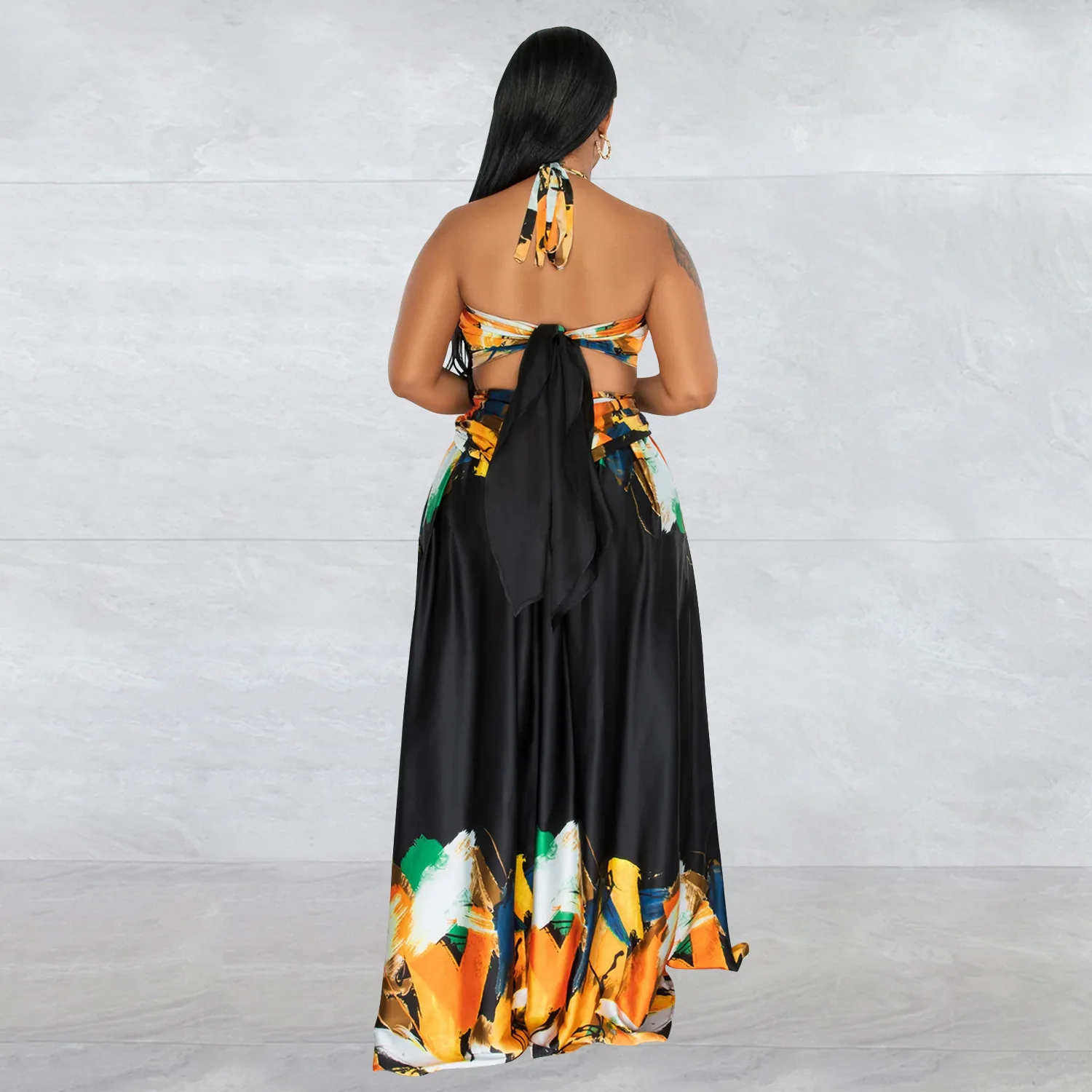 CM.YAYA Women Painting 3d Printed Halter Neck High Slit Lace Up Beach Holiday Maxi Long Dress 2023 Evening Party Dresses Vestido