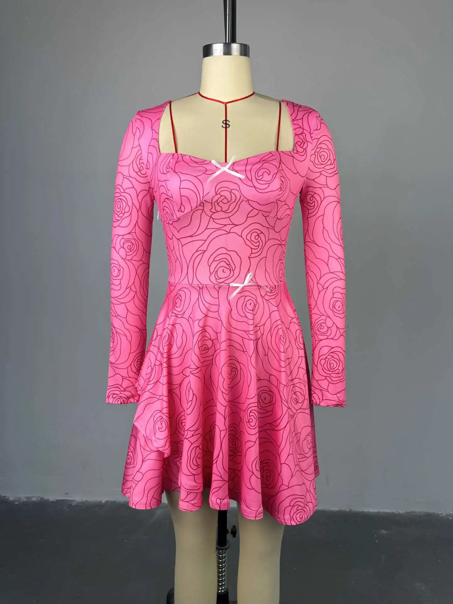 CM.YAYA Women Floral Printed Long Sleeve Bowknot Square Collar Mini Dress 2025 Evening Sexy Beach Party Birthday Street Dresses