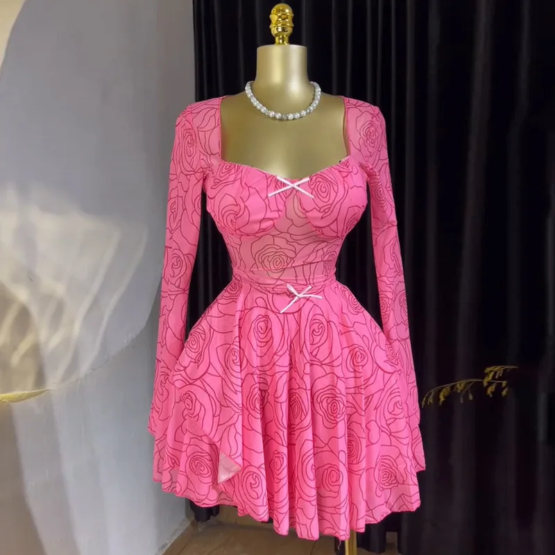 CM.YAYA Women Floral Printed Long Sleeve Bowknot Square Collar Mini Dress 2025 Evening Sexy Beach Party Birthday Street Dresses