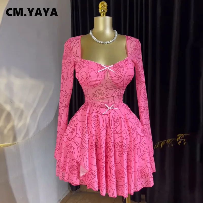 CM.YAYA Women Floral Printed Long Sleeve Bowknot Square Collar Mini Dress 2025 Evening Sexy Beach Party Birthday Street Dresses