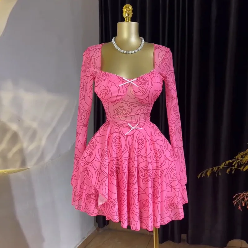 CM.YAYA Women Floral Printed Long Sleeve Bowknot Square Collar Mini Dress 2025 Evening Sexy Beach Party Birthday Street Dresses