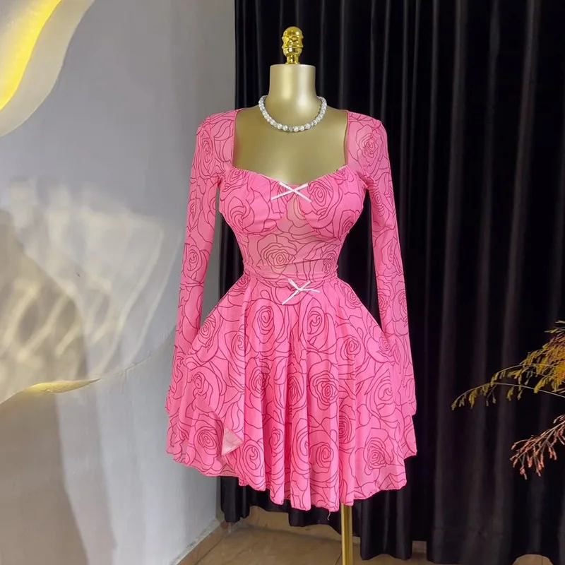 CM.YAYA Women Floral Printed Long Sleeve Bowknot Square Collar Mini Dress 2025 Evening Sexy Beach Party Birthday Street Dresses