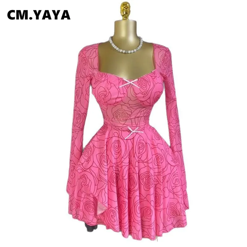CM.YAYA Women Floral Printed Long Sleeve Bowknot Square Collar Mini Dress 2025 Evening Sexy Beach Party Birthday Street Dresses