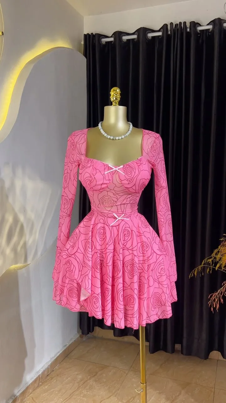 CM.YAYA Women Floral Printed Long Sleeve Bowknot Square Collar Mini Dress 2025 Evening Sexy Beach Party Birthday Street Dresses