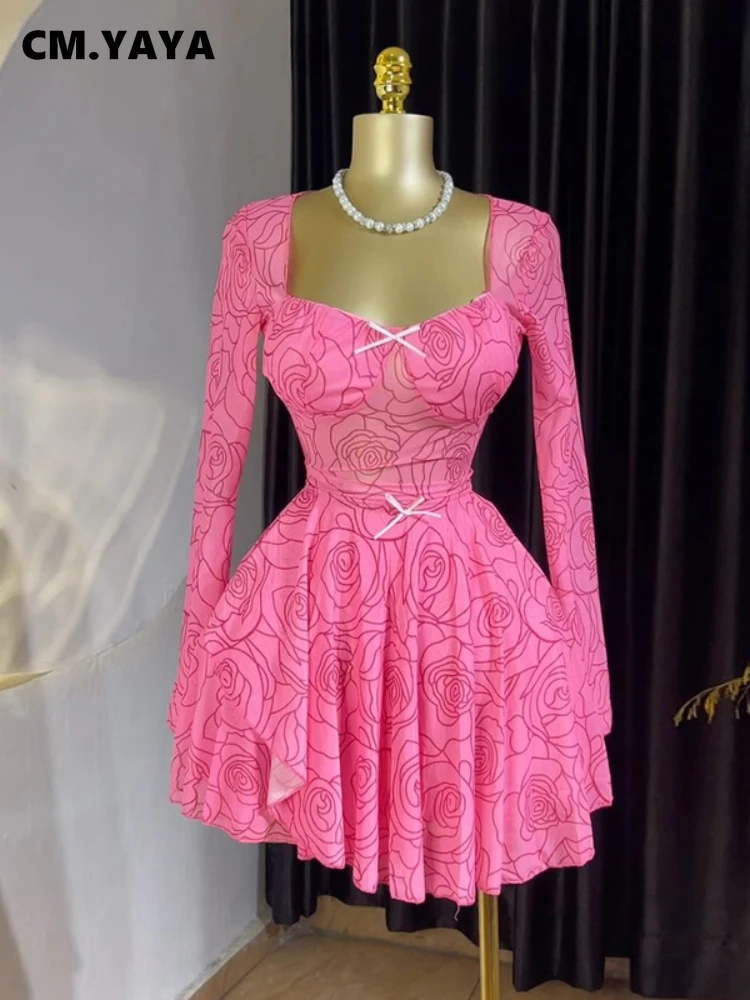 CM.YAYA Women Floral Printed Long Sleeve Bowknot Square Collar Mini Dress 2025 Evening Sexy Beach Party Birthday Street Dresses