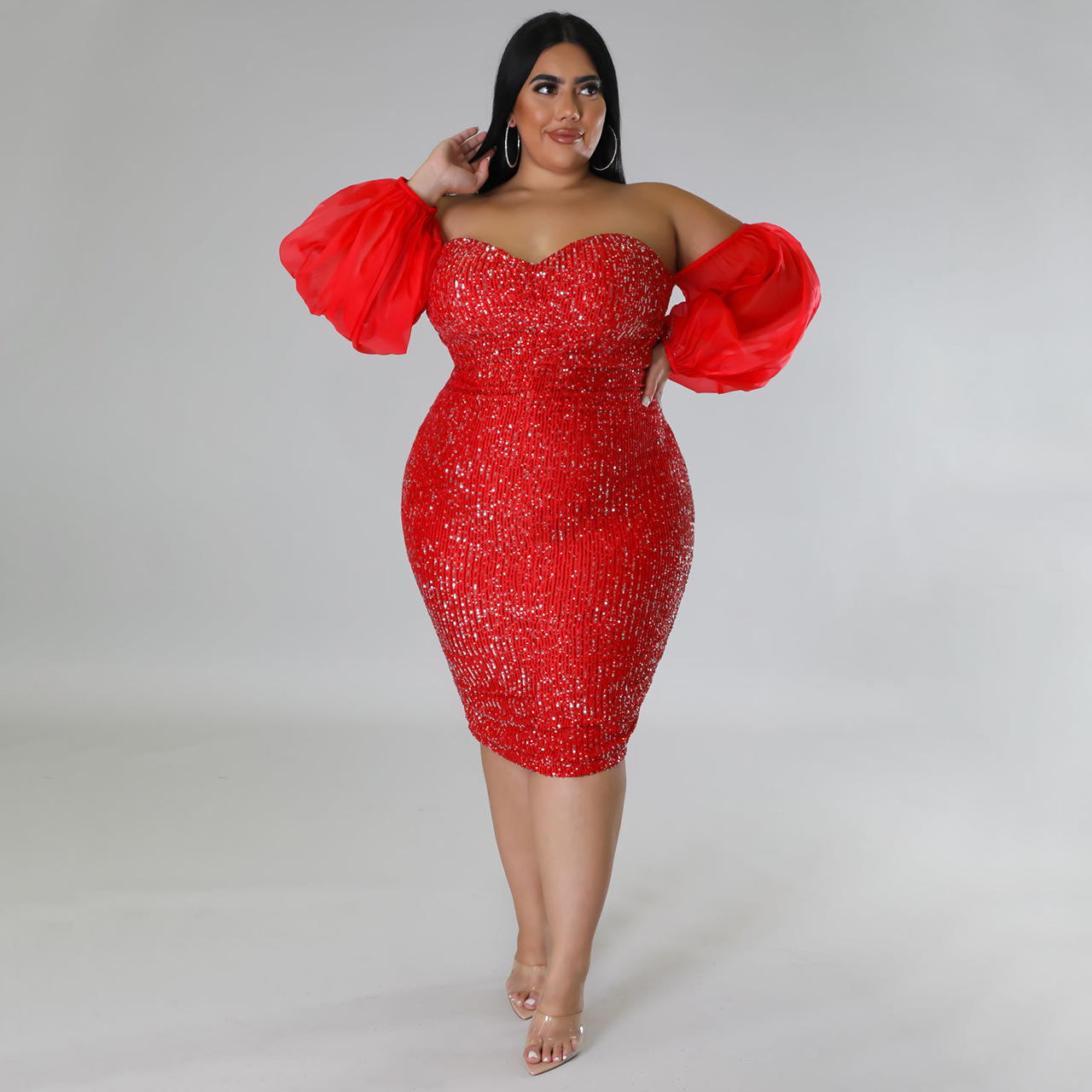 CM.YAYA Plus Size Women Mesh Lantern Sleeve Off Shoulder Sequined Bodycon Midi Dress 2023 Evening Sexy Party Dresses Vestidos