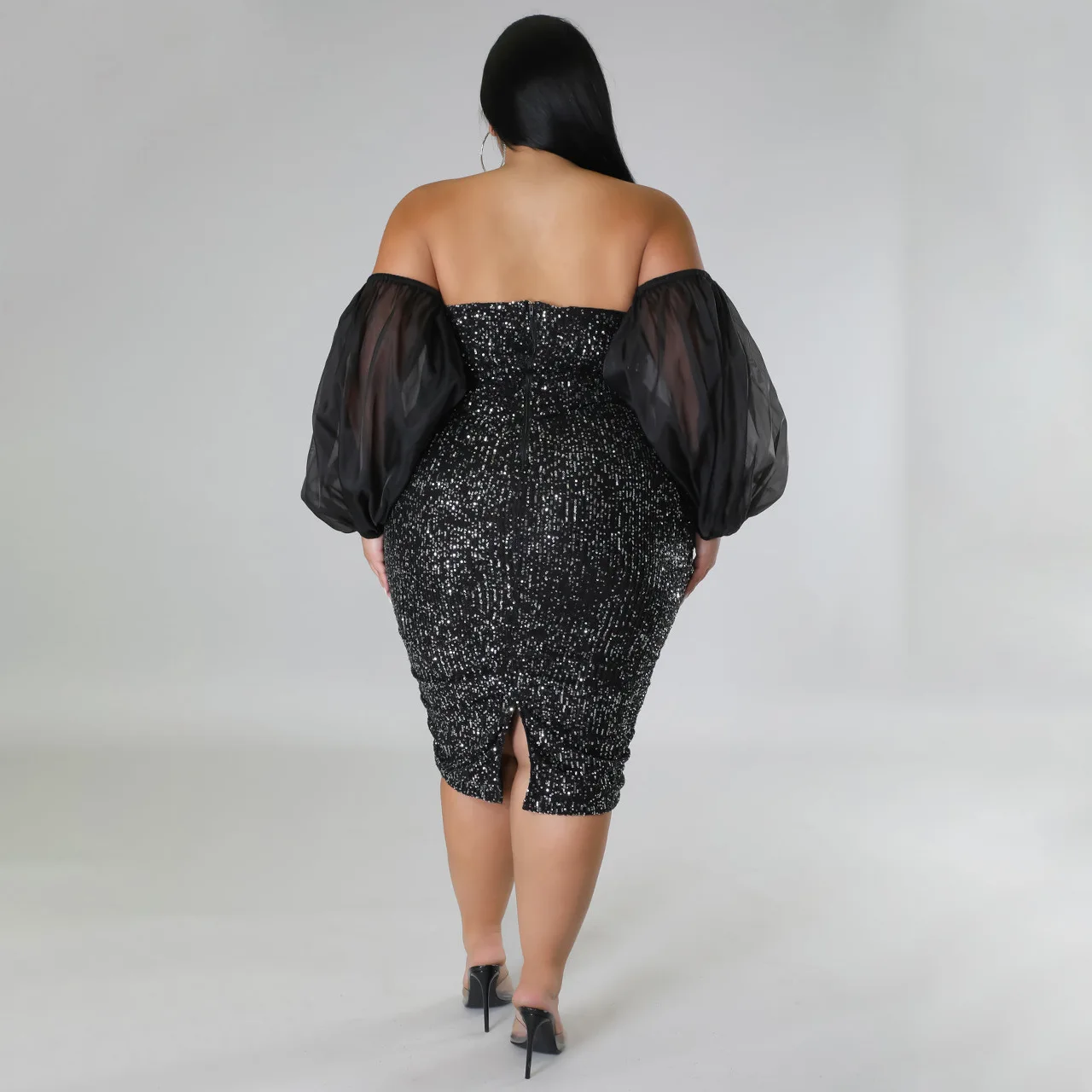 CM.YAYA Plus Size Women Mesh Lantern Sleeve Off Shoulder Sequined Bodycon Midi Dress 2023 Evening Sexy Party Dresses Vestidos